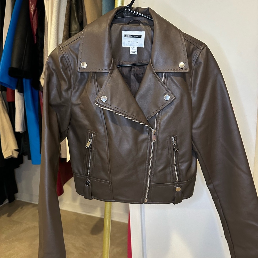 Noisy May Faux Leather Biker Jacket in Chocolate Brown
